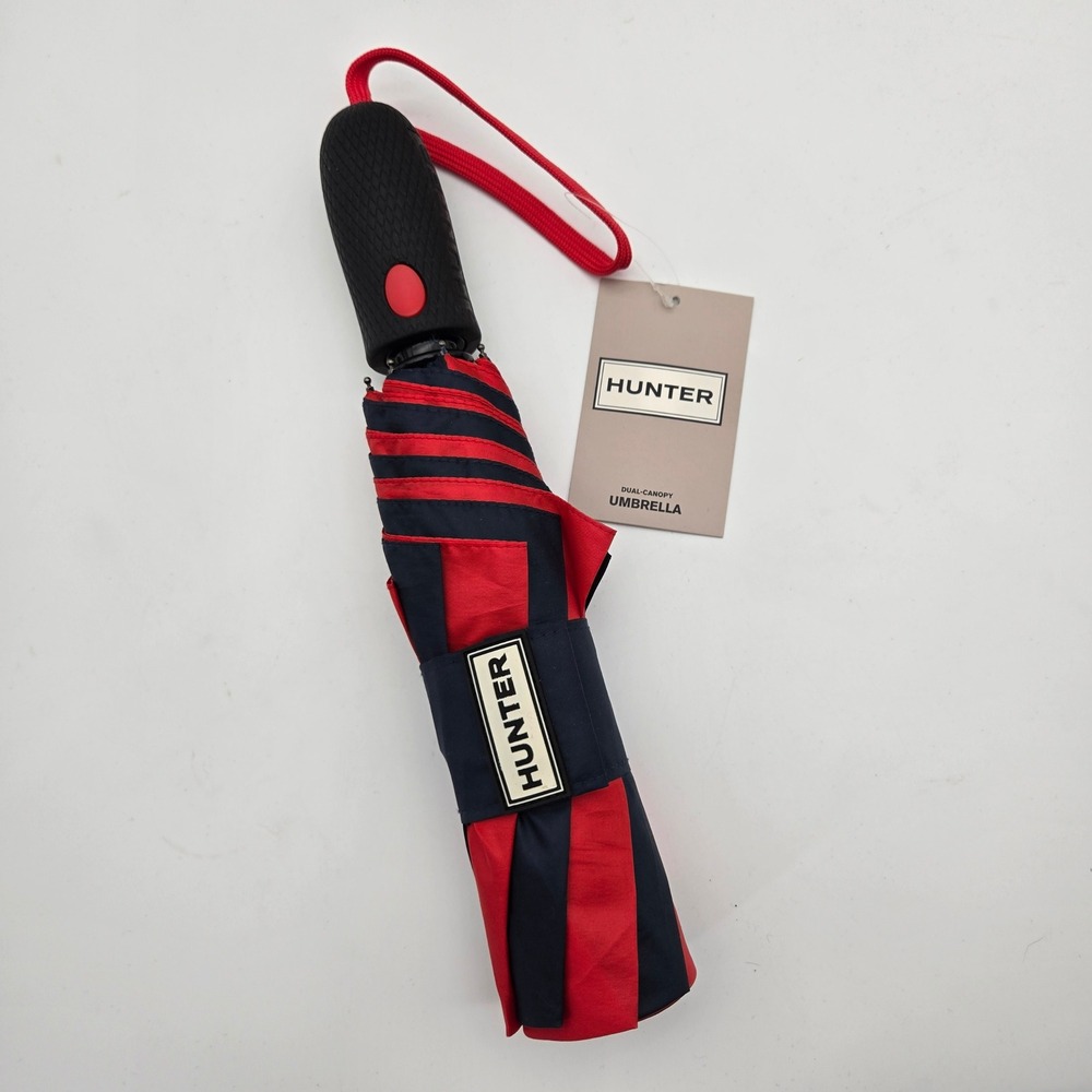 Hunter Unisex Red Navy Dual-Canopy Striped Travel Umbrella OS